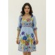 Vestido Curto Manga 3/4 Estampa Jardim Azul