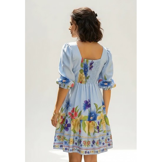 Vestido Curto Manga 3/4 Estampa Jardim Azul