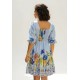 Vestido Curto Manga 3/4 Estampa Jardim Azul