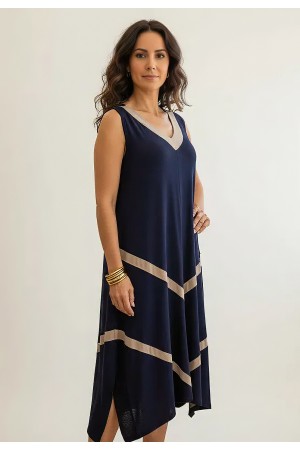 Vestido Serena Regata Malha Midi Plus Azul e Ocre