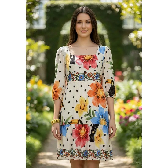Vestido Curto Manga 3/4 Estampa Jardim do Tucano