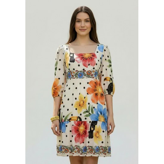 Vestido Curto Manga 3/4 Estampa Jardim do Tucano