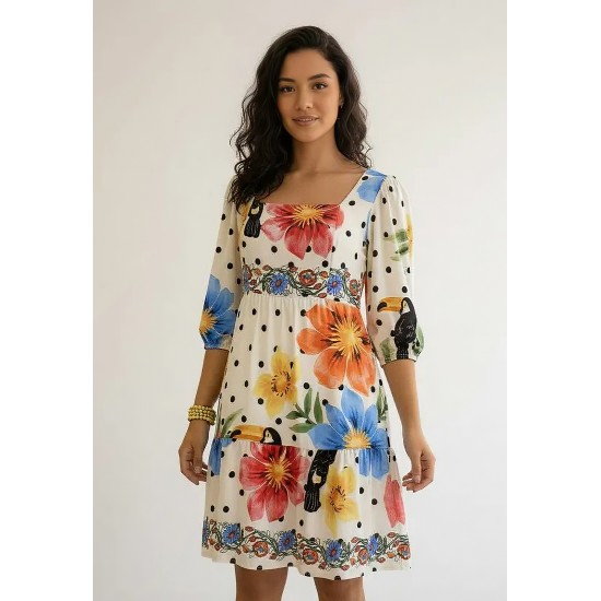Vestido Curto Manga 3/4 Estampa Jardim do Tucano