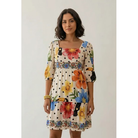 Vestido Curto Manga 3/4 Estampa Jardim do Tucano