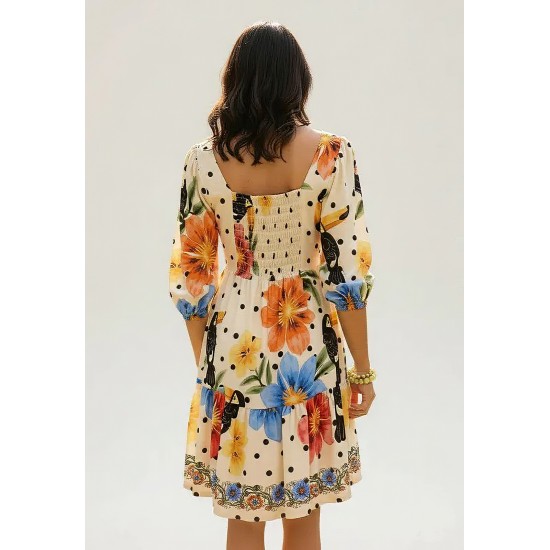Vestido Curto Manga 3/4 Estampa Jardim do Tucano