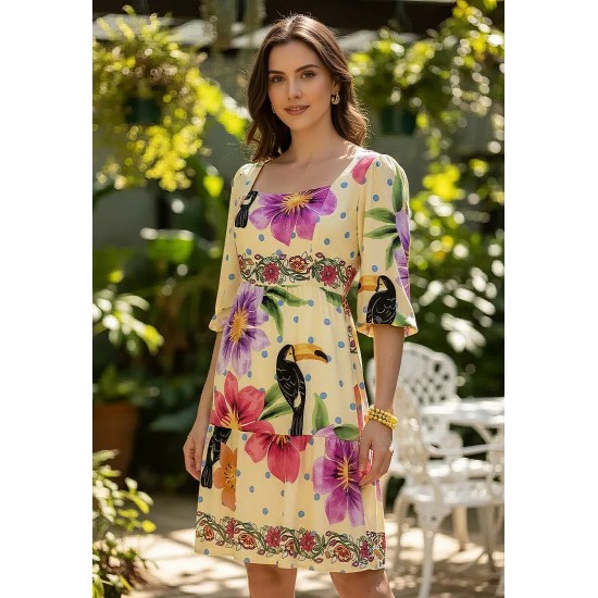 Vestido Curto Manga 3/4 Estampa Jardim do Cerrado