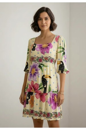 Vestido Curto Manga 3/4 Estampa Jardim do Cerrado