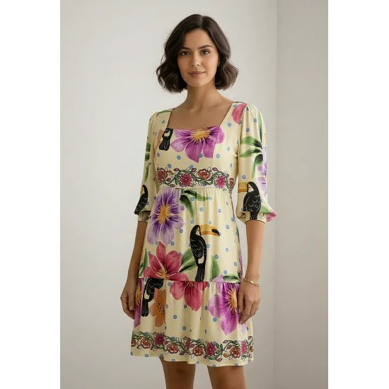Vestido Curto Manga 3/4 Estampa Jardim do Cerrado
