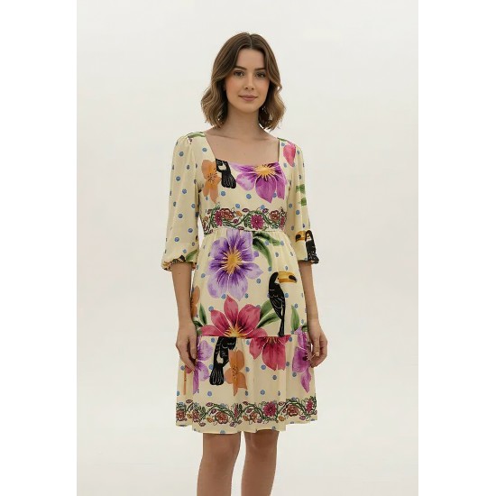 Vestido Curto Manga 3/4 Estampa Jardim do Cerrado