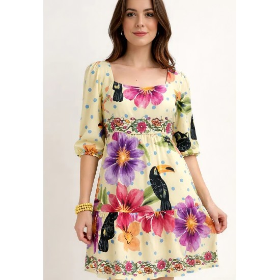 Vestido Curto Manga 3/4 Estampa Jardim do Cerrado