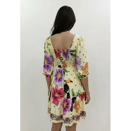 Vestido Curto Manga 3/4 Estampa Jardim do Cerrado