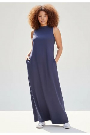 Vestido Longo Plano com Bolso Estampa Azul Marinho