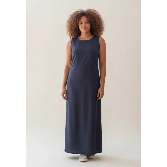 Vestido Longo Plano com Bolso Estampa Azul Marinho