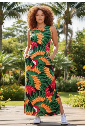 Vestido Longo Plano com Bolso Estampa Festa dos Tucanos