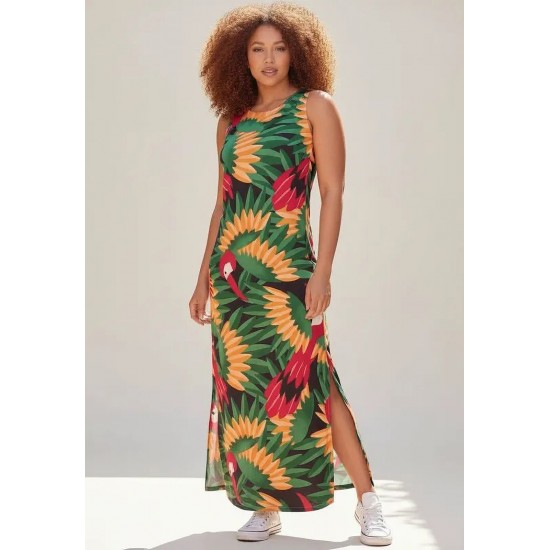 Vestido Longo Plano com Bolso Estampa Festa dos Tucanos