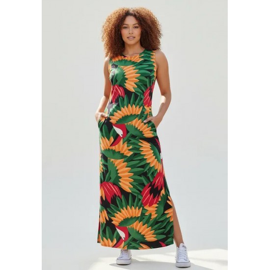 Vestido Longo Plano com Bolso Estampa Festa dos Tucanos