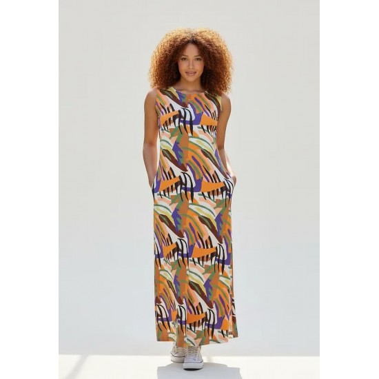 Vestido Longo Plano com Bolso Estampa Cores Vibrantes