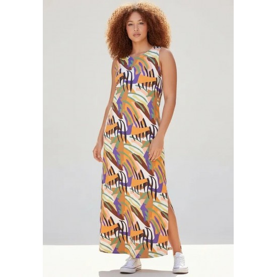 Vestido Longo Plano com Bolso Estampa Cores Vibrantes