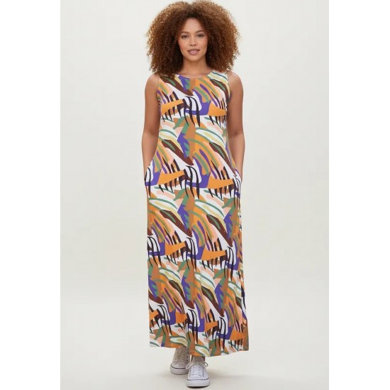 Vestido Longo Plano com Bolso Estampa Cores Vibrantes