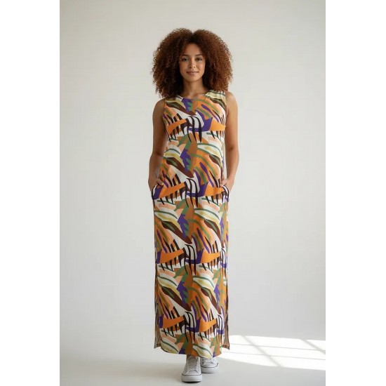 Vestido Longo Plano com Bolso Estampa Cores Vibrantes