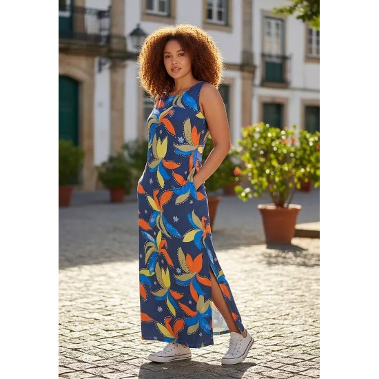 Vestido Longo Plano com Bolso Estampa Maré Vibrante