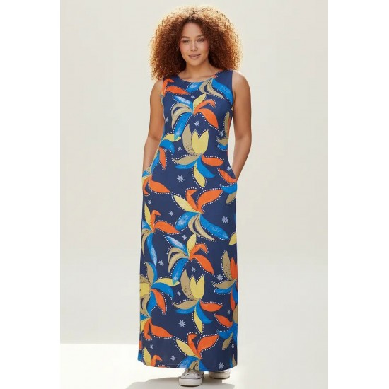 Vestido Longo Plano com Bolso Estampa Maré Vibrante