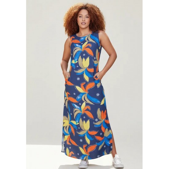 Vestido Longo Plano com Bolso Estampa Maré Vibrante