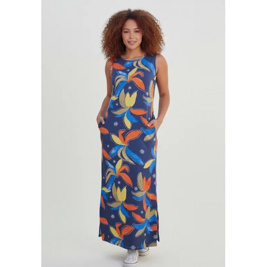 Vestido Longo Plano com Bolso Estampa Maré Vibrante