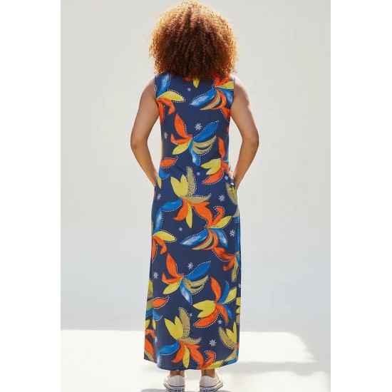 Vestido Longo Plano com Bolso Estampa Maré Vibrante