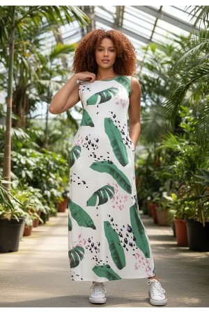 Vestido Longo Plano com Bolso Estampa Folhagem Poética