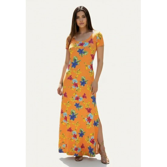 Vestido Longo Malha Gola Canoa Manga Curta Estampa Laranja Floral