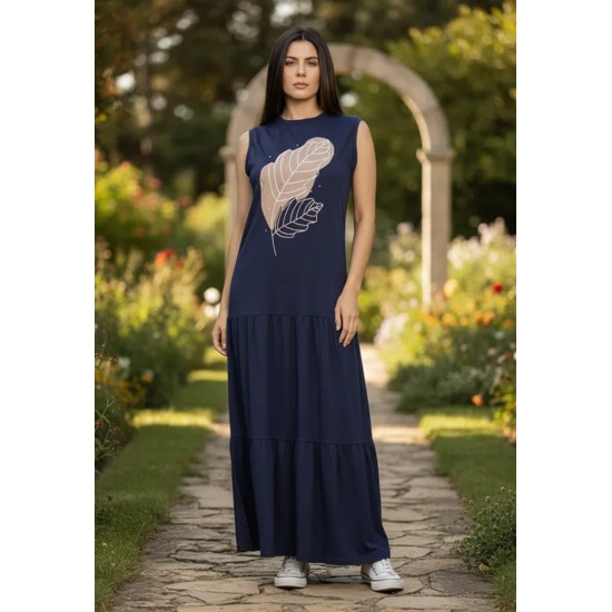 Vestido Longo Regata Folha Azul