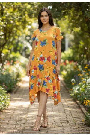 Vestido Saruel Manga Curta Malha Estampa Laranja Floral