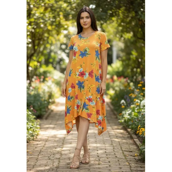 Vestido Saruel Manga Curta Malha Estampa Laranja Floral