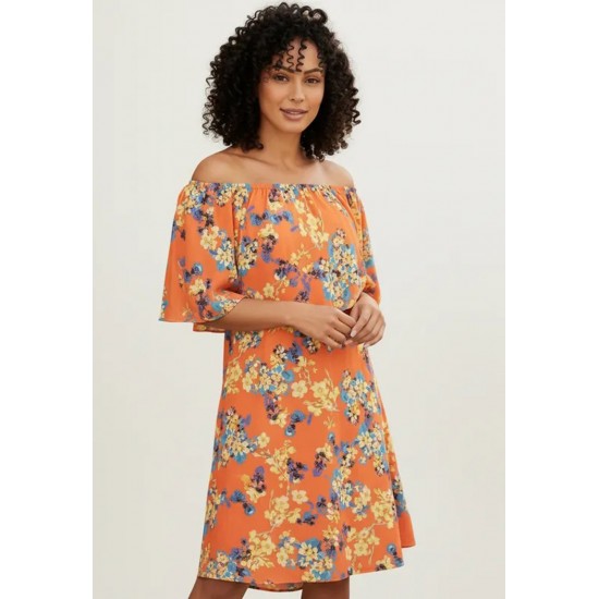 Vestido Curto Plano Com Babado Laranja Floral