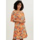 Vestido Curto Plano Com Babado Laranja Floral