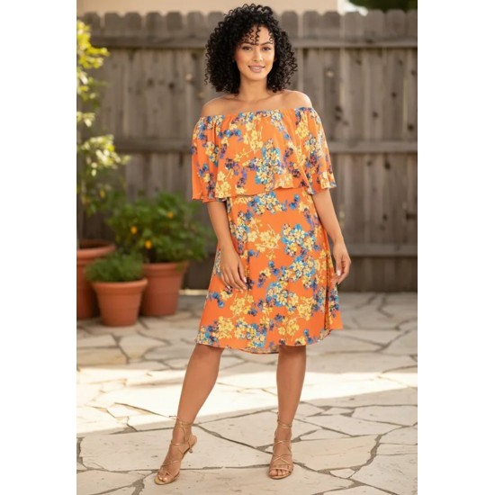 Vestido Curto Plano Com Babado Laranja Floral