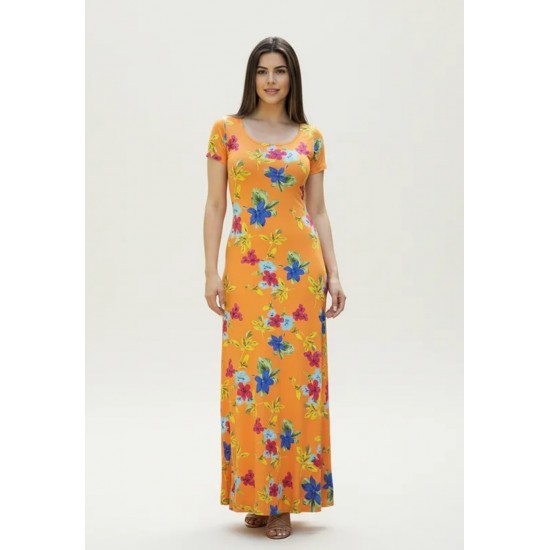 Vestido Longo Malha Gola Canoa Manga Curta Estampa Laranja Floral