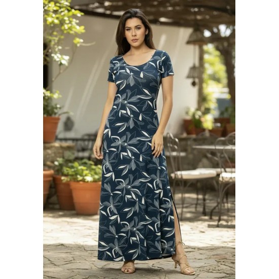 Vestido Longo Malha Gola Canoa Manga Curta Estampa Hibisco Blue