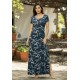 Vestido Longo Malha Gola Canoa Manga Curta Estampa Hibisco Blue