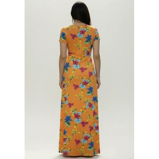 Vestido Longo Malha Gola Canoa Manga Curta Estampa Laranja Floral