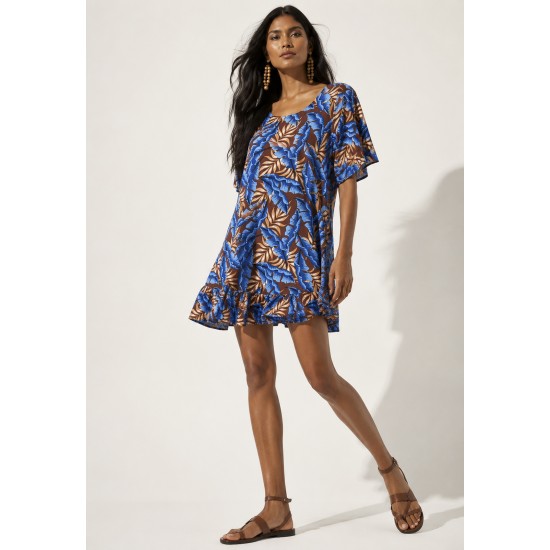 Vestido Curto Viscose com Babado Estampa Folhagem Azul da Mata