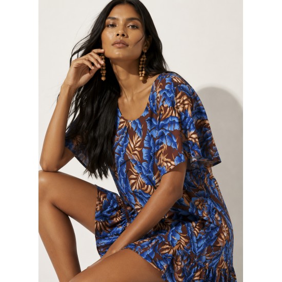 Vestido Curto Viscose com Babado Estampa Folhagem Azul da Mata