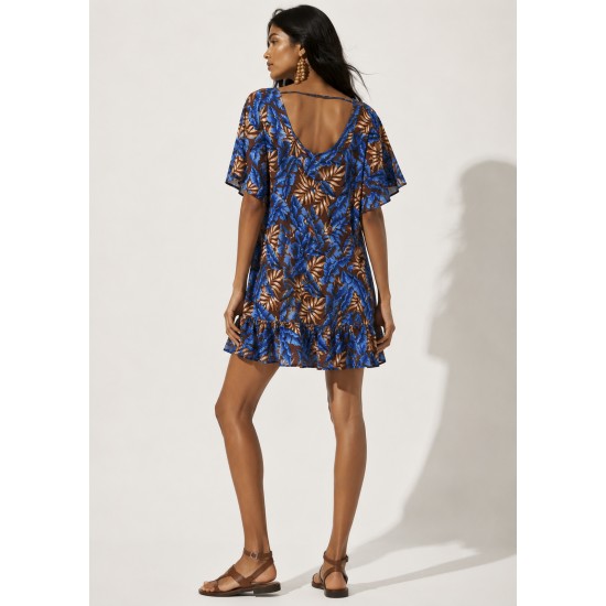 Vestido Curto Viscose com Babado Estampa Folhagem Azul da Mata