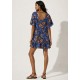 Vestido Curto Viscose com Babado Estampa Folhagem Azul da Mata