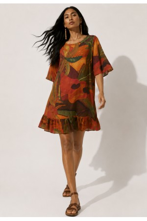 Vestido Curto Viscose com Babado Estampa Calor da Mata