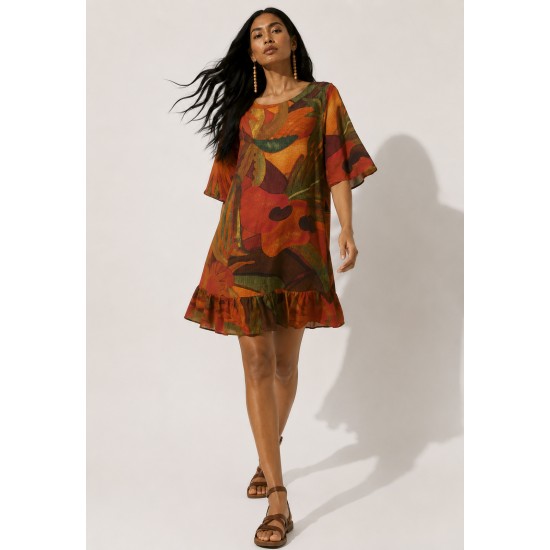 Vestido Curto Viscose com Babado Estampa Calor da Mata