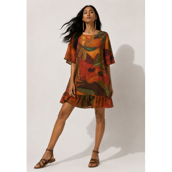 Vestido Curto Viscose com Babado Estampa Calor da Mata