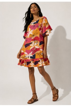 Vestido Curto Viscose com Babado Estampa Jardim Solar
