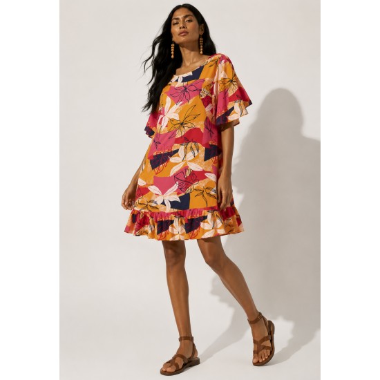 Vestido Curto Viscose com Babado Estampa Jardim Solar